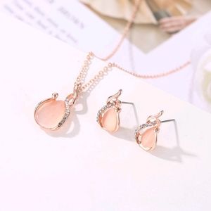 Rose Gold Opal Tear Drop Necklace & Earrings Jewelry Set Crystal Rhinestone NWT